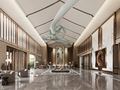 Chinese Style Hotel Lobby With Spacious Interior Elegant Chandelier Marble Floor And Wooden Decor 3d model