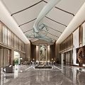 Chinese Style Hotel Lobby With Spacious Interior Elegant Chandelier Marble Floor And Wooden Decor