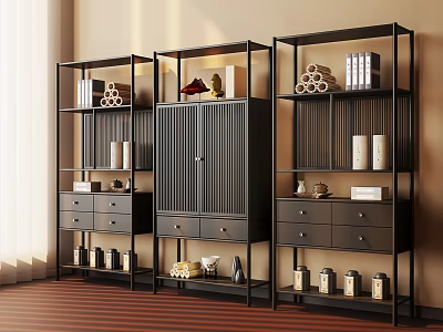 Traditional Chinese Wooden Decorative Shelf with Multiple Layers Drawers Scrolls Vases and Books 3d model