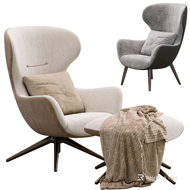 Upholstered Single Sofa In Light Dark Gray With Pillow Ottoman Knitted Blanket And Wooden Legs 3d model 