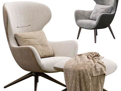 Upholstered Single Sofa In Light Dark Gray With Pillow Ottoman Knitted Blanket And Wooden Legs 3d model