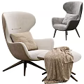 Upholstered Single Sofa In Light Dark Gray With Pillow Ottoman Knitted Blanket And Wooden Legs