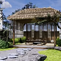 Traditional Japanese Courtyard Garden with Thatched Roof Tea House Stone Path and Green Plants