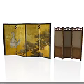 Japanese Folding Screens With Golden Background Crane Pine Design And Wooden Frame Beige Fabric