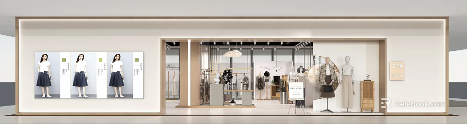 Modern Clothing Store Interior Design With Fashion Displays Mannequins Pendant Lights And Decorative Plants 3d model 