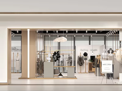 Modern Clothing Store Interior Design With Fashion Displays Mannequins Pendant Lights And Decorative Plants 3d model