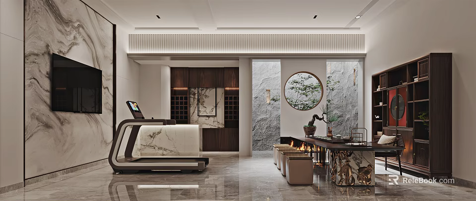 Modern Basement Interior With Marble Treadmill Fireplace Wooden Cabinets And Round Window 3d model 