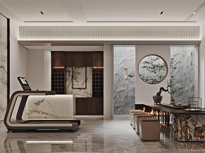 Modern Basement Interior With Marble Treadmill Fireplace Wooden Cabinets And Round Window 3d model