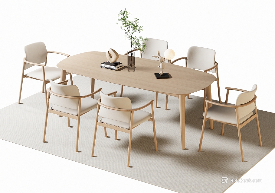 Minimalist Light Wooden Oval Dining Table Set With Six Chairs And Green Plant Decor 3d model 