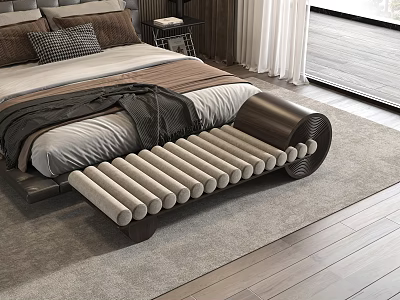 Modern Bedroom Interior With Cozy Bed Wooden Bench Pillows And Area Rug 3d model