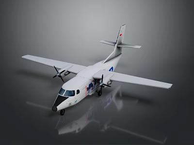White Airplane Model With Propellers And Long Wings On Reflective Surface 3d model