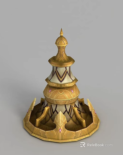 Tech Exhibition Hall Featuring Golden Multi Layered Decorative Tower Structure Design 3d model 