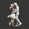 Romantic Embracing Statue Figures In Gold Accented Dress Red Floral Headpiece And White Suit