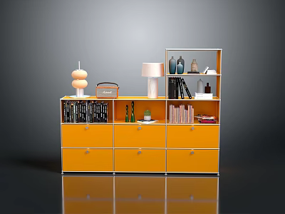 Stylish Orange Cabinet With Multiple Drawers Open Shelves Books Vases Lamp And Radio 3d model
