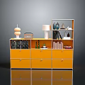 Stylish Orange Cabinet With Multiple Drawers Open Shelves Books Vases Lamp And Radio