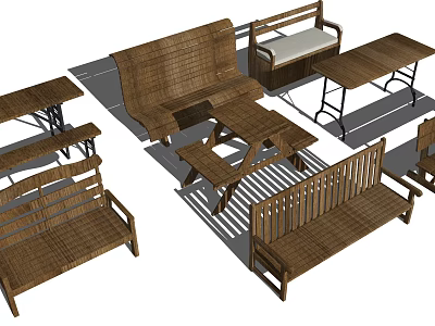 Wooden Outdoor Chairs And Benches With Matching Tables For Garden Furniture Set 3d model