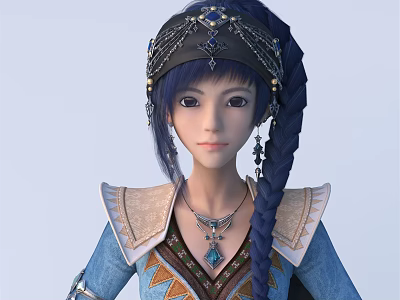 Woman With Long Blue Braid Hair And Decorative Headpiece In Ethnic Style Outfit 3d model