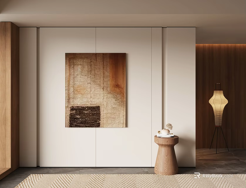 Modern Abstract Painting in Contemporary Interior with White Wall Wooden Details and Floor Lamp 3d model 