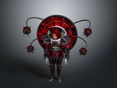 Futuristic Female Character In Tech Suit With Red Circular Device And Mechanical Arms 3d model