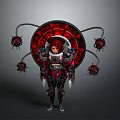 Futuristic Female Character In Tech Suit With Red Circular Device And Mechanical Arms