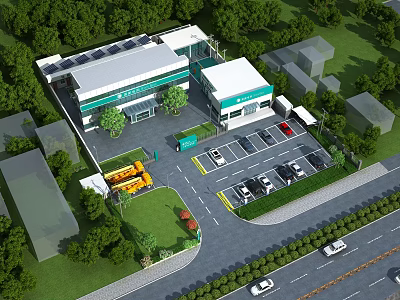 Aerial View Planning of Modern Building with Solar Panels Parking Lot Greenery Vehicles and Road 3d model