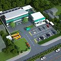 Aerial View Planning of Modern Building with Solar Panels Parking Lot Greenery Vehicles and Road