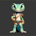 Cute Teal Lizard With Blue Spots Wearing Backpack And Straps In Standing 3D Cartoon Model