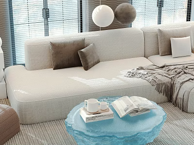 Light Beige Fabric Sofa with Pillows and Blue Ice Shaped Coffee Table Set 3d model