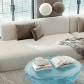 Light Beige Fabric Sofa with Pillows and Blue Ice Shaped Coffee Table Set 3d model