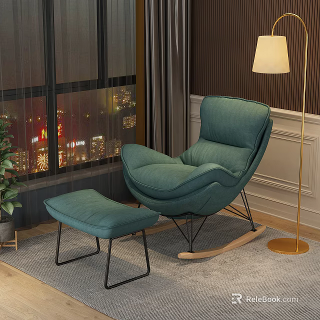 Teal Rocker Chair with Matching Ottoman by Window City Night View Floor Lamp Potted Plant 3d model 