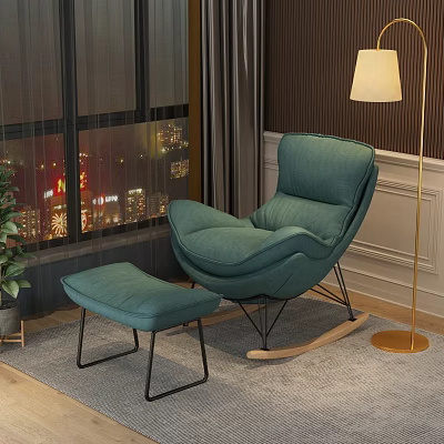 Teal Rocker Chair with Matching Ottoman by Window City Night View Floor Lamp Potted Plant 3d model
