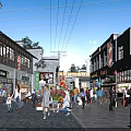 Bustling Traditional Commercial Street With Chinese Style Buildings Lanterns And Pedestrians