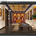 Buddhist Religious Worship Space With Buddha Statues Red Backdrops Thangka Paintings Wooden Table And Cushions