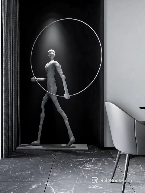Modern Minimalist Restaurant Interior With White Sculpture Large Circular Ring And Modern White Chair 3d model 
