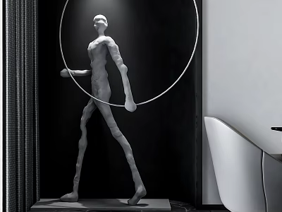 Modern Minimalist Restaurant Interior With White Sculpture Large Circular Ring And Modern White Chair 3d model