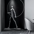 Modern Minimalist Restaurant Interior With White Sculpture Large Circular Ring And Modern White Chair