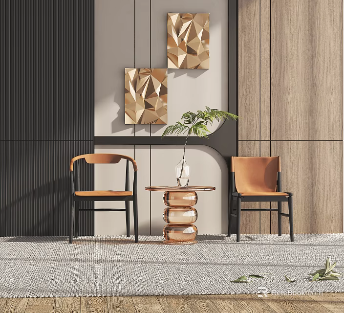Leisure Sofa Set with Accent Chairs Round Coffee Table Green Plants and Geometric Wall Art 3d model 
