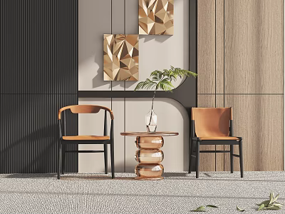 Leisure Sofa Set with Accent Chairs Round Coffee Table Green Plants and Geometric Wall Art 3d model