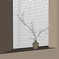 Beige Vase Holding White Blossom Branches On Windowsill Against White Blinds
