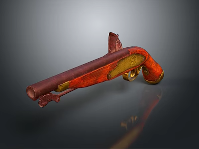 Vintage Red and Gold Pistol Featuring Wooden Grip and Shiny Metal Parts 3d model