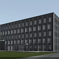 Blue And White Industrial Factory Building With Steel Structure Green Lawn Trees And High Rise