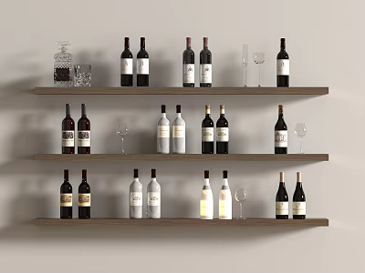 Various Colored Wine Bottles and Wine Glasses Arranged on Dark Gray Wooden Display Shelves 3d model
