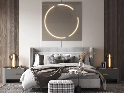 Modern Double Bed in Bedroom with Gray Headboard Nightstands Table Lamps and Circular Wall Art 3d model