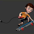 Boy Riding Skateboard Holding Red Iron With Cord On Gray Background