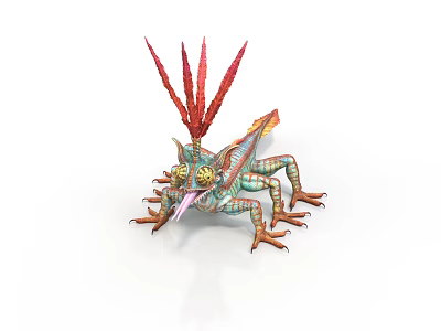 Mythical Lizard with Red Feathery Crest Green Body Blue Wings Yellow Eyes and Tongue 3d model