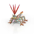 Mythical Lizard with Red Feathery Crest Green Body Blue Wings Yellow Eyes and Tongue