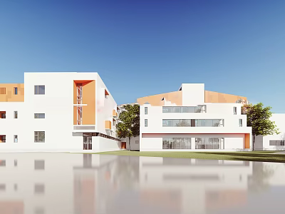 Modern School Building Design Featuring White Orange Exterior Multi storey Structure And Green Trees 3d model
