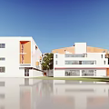 Modern School Building Design Featuring White Orange Exterior Multi storey Structure And Green Trees