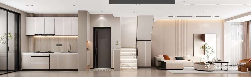 Modern Living Dining Area Interior With Marble Staircase Light Walls And Sofa 3d model 