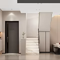 Modern Living Dining Area Interior With Marble Staircase Light Walls And Sofa
